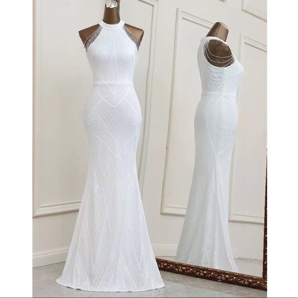 White Sequin dress with Bead Detail Shoulder - Picture 9 of 12